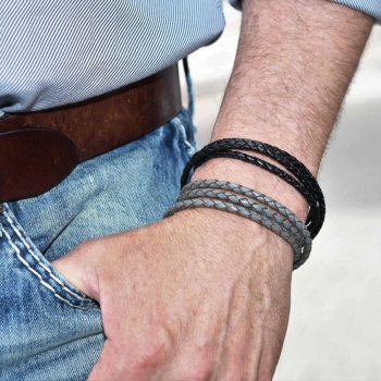 Lederarmband grau, rund-geflochten
