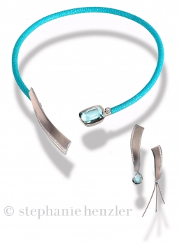 Collier Set "Wassernixe" aus Platin, Rochenleder, Aquamarin und Brillanten