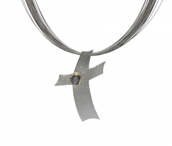 Stahlreif mit Kreuz aus Silber, Gold und Mondstein