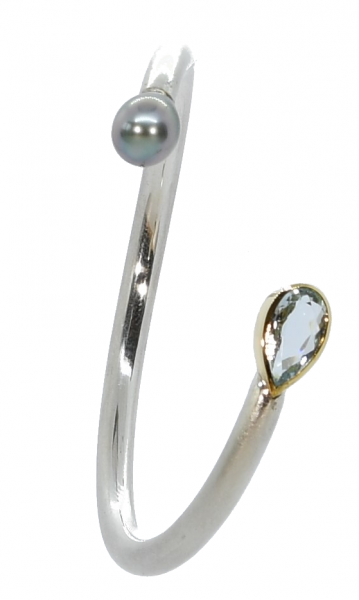Armreif aus Silber und Gelbgold mit einem Aquamarin und einer Tahitiperle