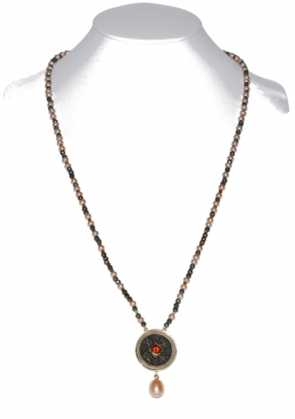 Collier "Talisman Fire" aus einer japanischen Münze, Spessartin Granat, Roségold, Süßwasserperlen, Pyrit und Citrin